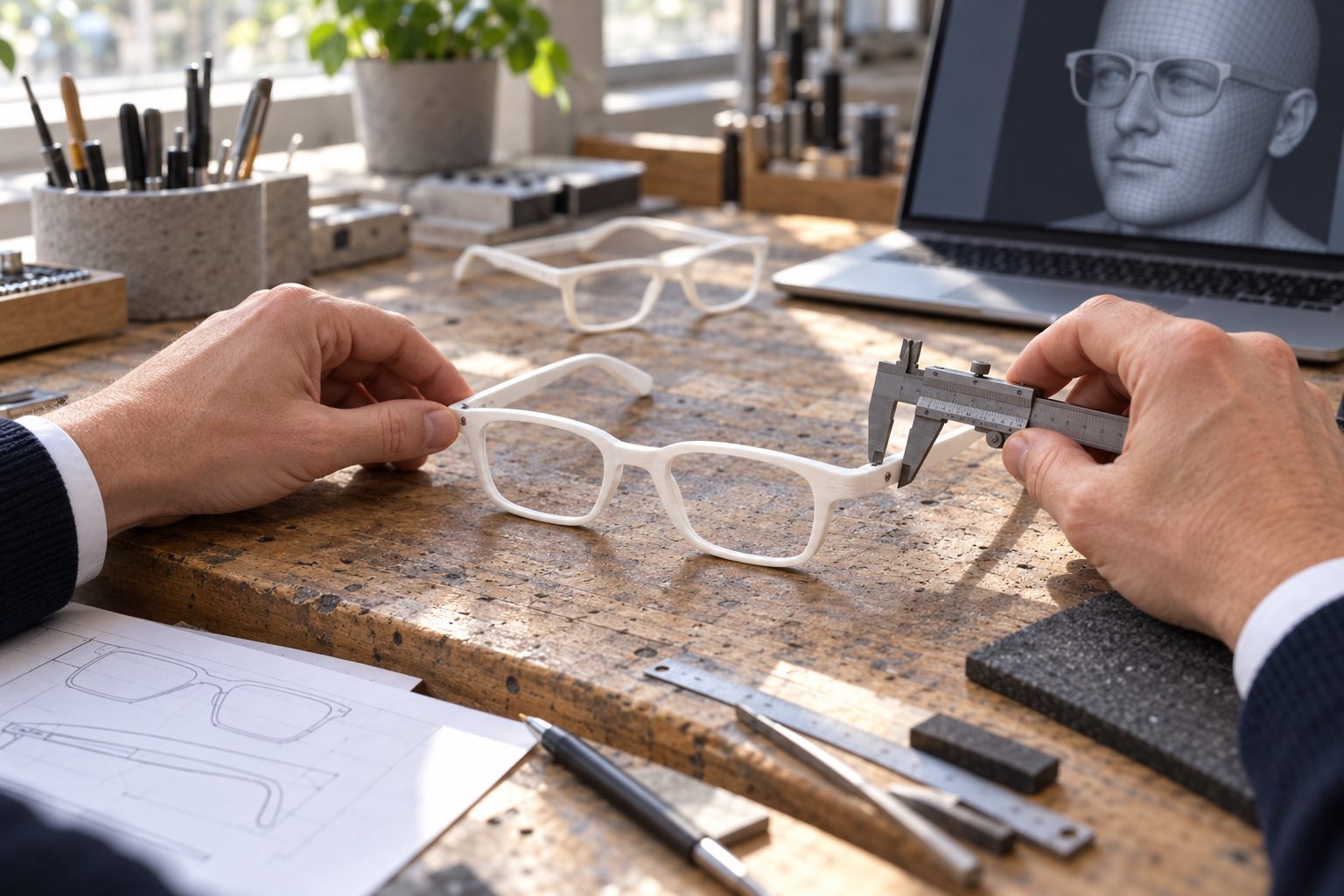 3D-gedruckte Brillenfassungen auf einer Werkbank