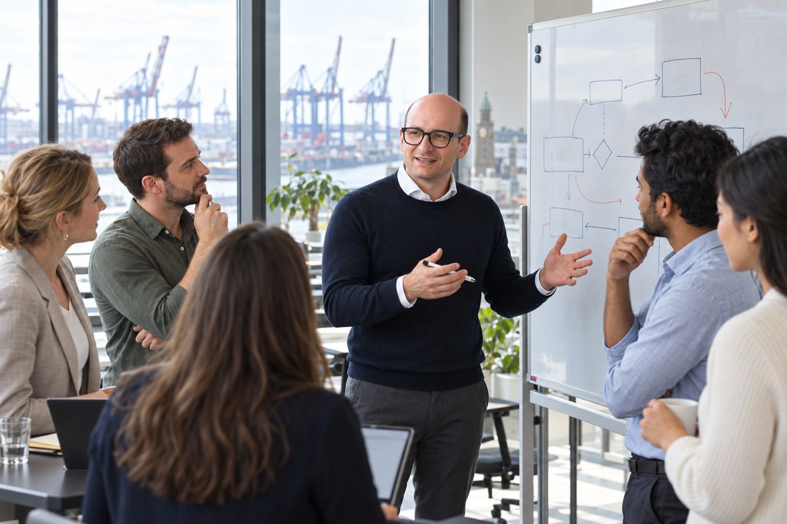 Daniel Szabo erklärt seinem Team Prozesse am Whiteboard in Hamburg